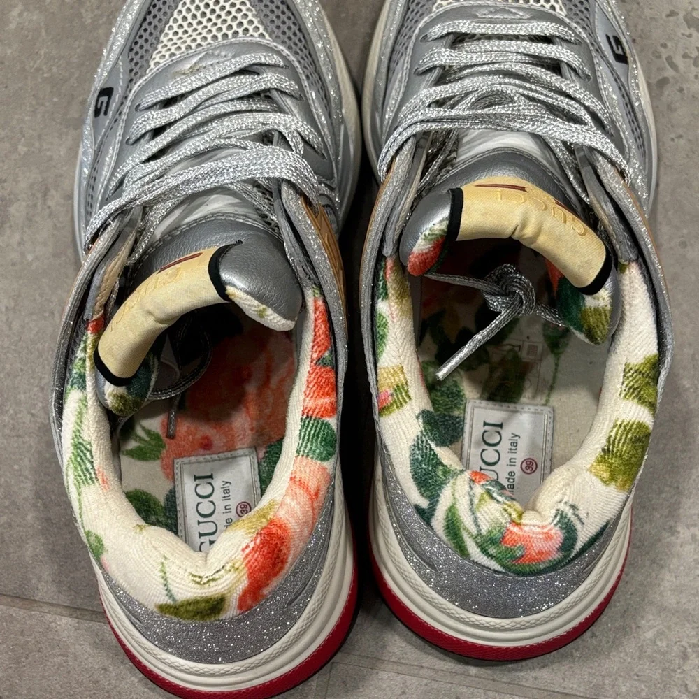 Gucci Silver Glitter Sneakers with Red Soles - Picture 3 of 5